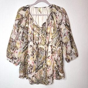 Anthropologie Fig Flower Tunic Sz 1X Brown Floral Sheer Peasant Boho 3/4 Cottage